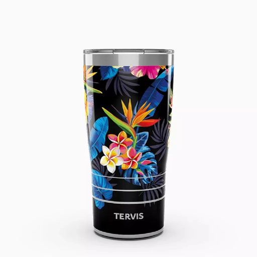 A black tumbler featuring a vibrant tropical print design.
