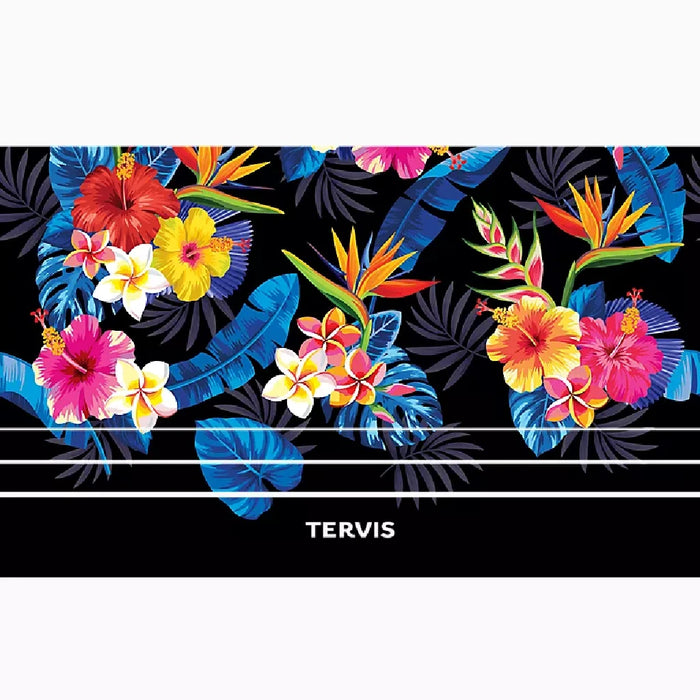 A stylish black tumbler showcasing a lively tropical print.