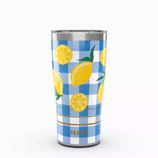  A blue and white checkered tumbler decorated with vibrant lemon illustrations.
