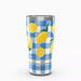  A blue and white checkered tumbler decorated with vibrant lemon illustrations.