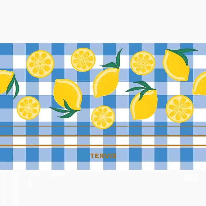 A checkered tumbler in blue and white featuring a design of lemons.