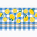 A checkered tumbler in blue and white featuring a design of lemons.