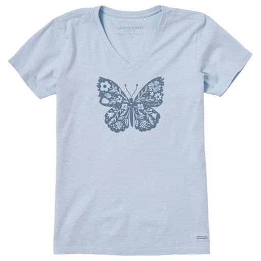 Life Is Good : Women's Floral Woodcut Butterfly Short Sleeve T-Shirt