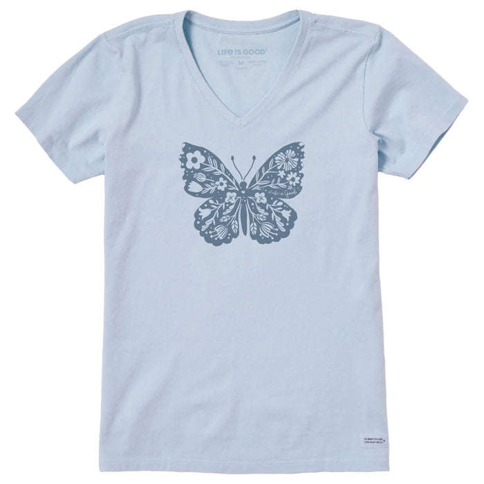 Life Is Good : Women's Floral Woodcut Butterfly Short Sleeve T-Shirt