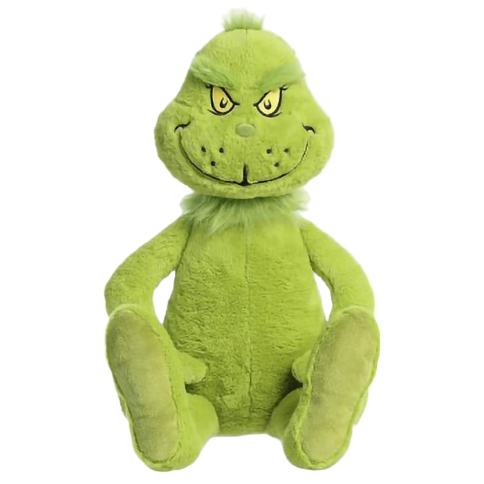 Green plush toy with a grumpy expression on a white background