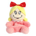 Plush toy with blonde hair, red bow, and pink outfit on a white background
