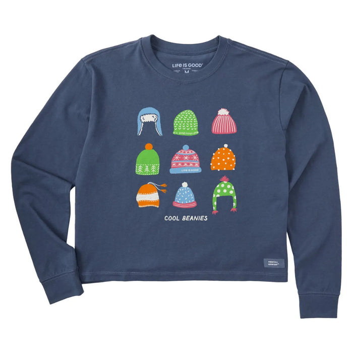Life Is Good Women’s Cool Beanies Long Sleeve Crusher Boxy Tee featuring a fun beanie-inspired graphic, long sleeves, and a relaxed boxy fit for comfortable everyday wear.