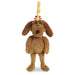 Plush dog toy with a yellow bone on a white background