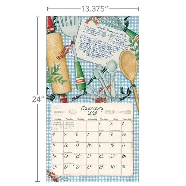Calendar with kitchen-themed design on a blue checkered background