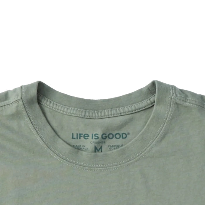 Men's Stacked Life is Good short sleeve Crusher T-shirt featuring a bold stacked graphic, crew neckline, and relaxed garment-washed fit for comfortable everyday wear.