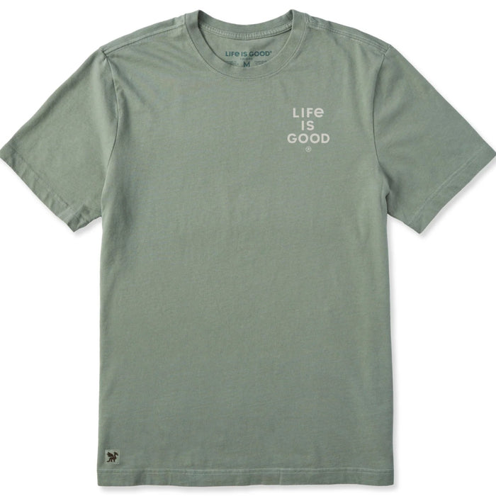 Men's Stacked Life is Good short sleeve Crusher T-shirt featuring a bold stacked graphic, crew neckline, and relaxed garment-washed fit for comfortable everyday wear.