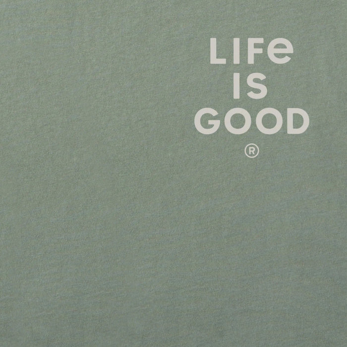Men's Stacked Life is Good short sleeve Crusher T-shirt featuring a bold stacked graphic, crew neckline, and relaxed garment-washed fit for comfortable everyday wear.