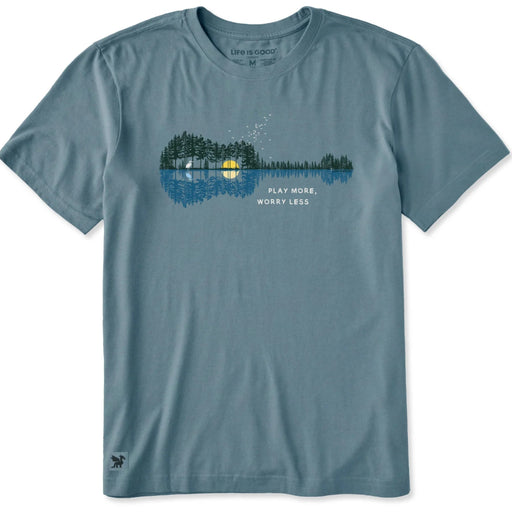 Men's Guitarscape Play More Reflections short sleeve Crusher T-shirt featuring a guitar-inspired graphic, crew neckline, and relaxed garment-washed fit for casual everyday wear.