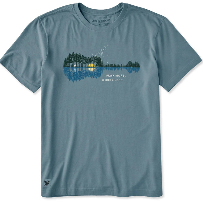 Men's Guitarscape Play More Reflections short sleeve Crusher T-shirt featuring a guitar-inspired graphic, crew neckline, and relaxed garment-washed fit for casual everyday wear.