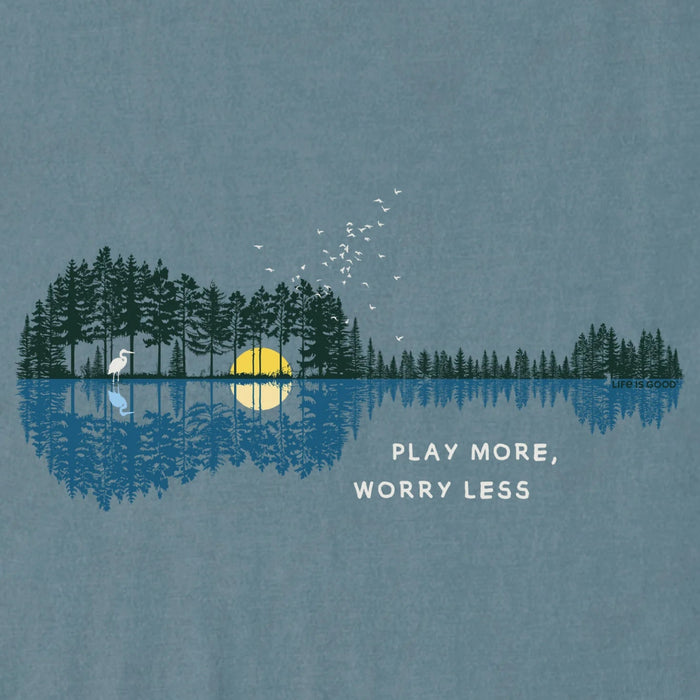 Men's Guitarscape Play More Reflections short sleeve Crusher T-shirt featuring a guitar-inspired graphic, crew neckline, and relaxed garment-washed fit for casual everyday wear.