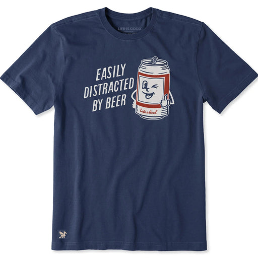 Men's Easily Distracted by Beer Can short sleeve Crusher T-shirt featuring a humorous beer can graphic, crew neckline, and relaxed garment-washed fit for casual everyday wear.