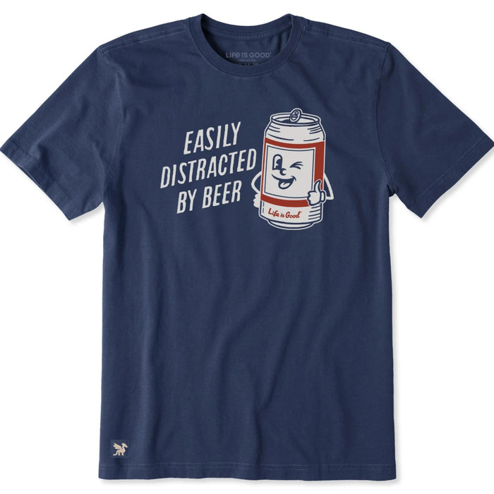 Men's Easily Distracted by Beer Can short sleeve Crusher T-shirt featuring a humorous beer can graphic, crew neckline, and relaxed garment-washed fit for casual everyday wear.