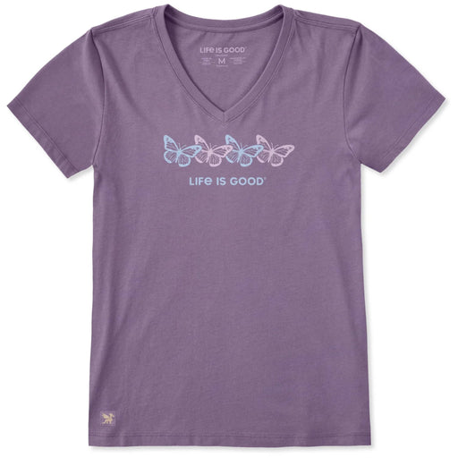 Women's Rally Butterflies short sleeve Crusher T-shirt featuring a colorful butterfly graphic, crew neckline, and relaxed garment-washed fit for casual everyday wear.