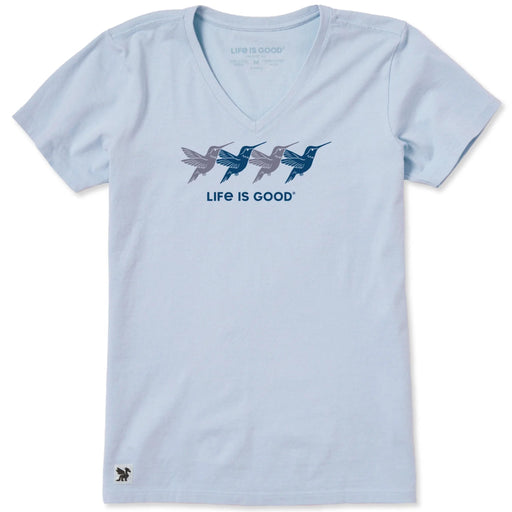 Women's Rally Hummingbirds short sleeve Crusher T-shirt featuring a colorful hummingbird graphic, crew neckline, and relaxed garment-washed fit for comfortable everyday wear.