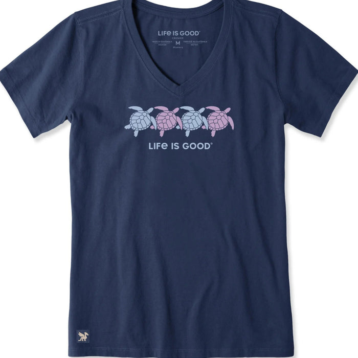 Women's Rally Swimming Turtles short sleeve Crusher T-shirt featuring a swimming sea turtle graphic, crew neckline, and relaxed garment-washed fit for casual everyday wear.