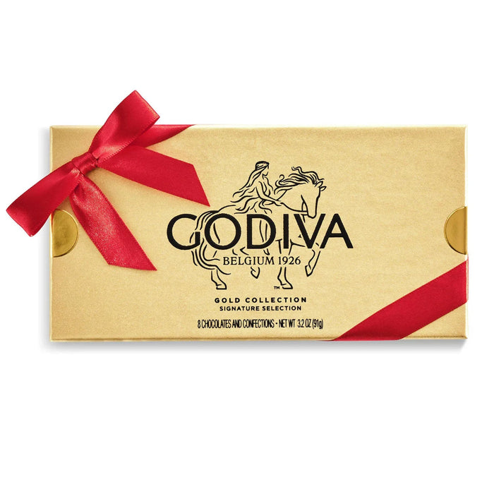 Godiva chocolate box with a red ribbon on a white background