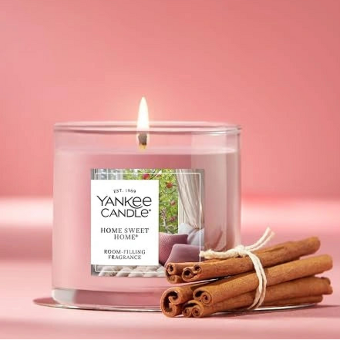 Home Sweet Home Signature Small Tumbler Candle in a reusable glass tumbler with a warm cinnamon and spice fragrance for a cozy home atmosphere.