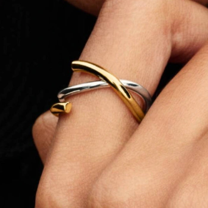 The Pandora Organically Shaped Two-tone Double Ring brings a bold, modern edge to your everyday jewelry.