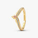Gold-tone Pandora Disney Princess Aurora Tiara Ring with a pink stone, tilted to the side on a white background.
