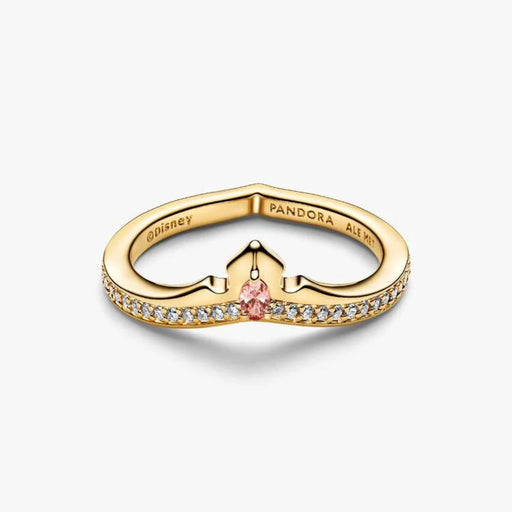 Gold-tone Pandora Disney Princess Aurora Tiara Ring with a pink center stone and tiara-inspired design.