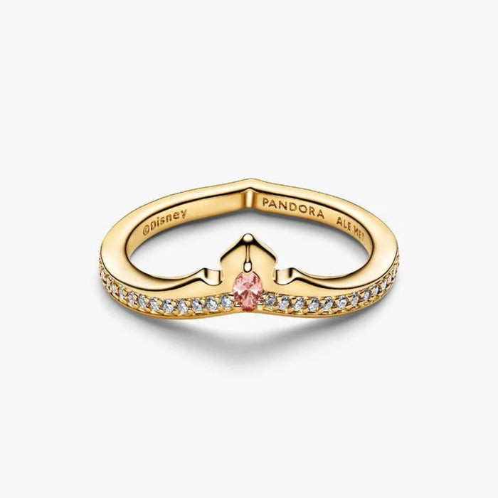 Gold-tone Pandora Disney Princess Aurora Tiara Ring with a pink center stone and tiara-inspired design.
