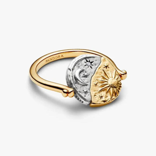 PANDORA Sun & Moon Reversible Medallion Ring with sparkling sun and moon design, reversible engraved medallion, and polished sterling silver finish.