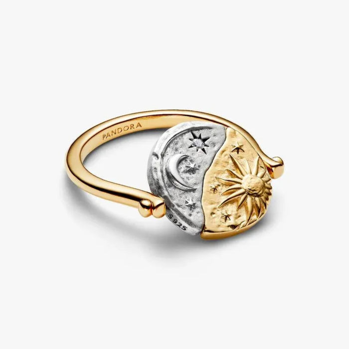 PANDORA Sun & Moon Reversible Medallion Ring with sparkling sun and moon design, reversible engraved medallion, and polished sterling silver finish.