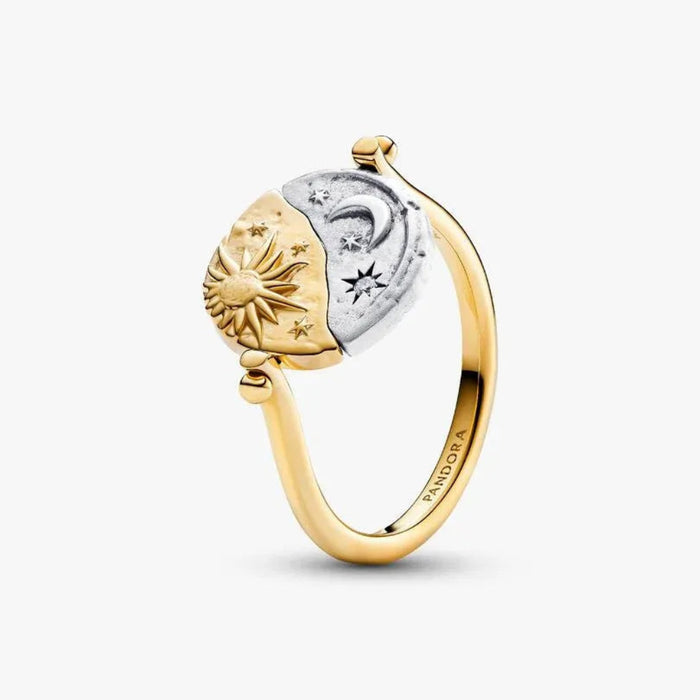 PANDORA Sun & Moon Reversible Medallion Ring with sparkling sun and moon design, reversible engraved medallion, and polished sterling silver finish.