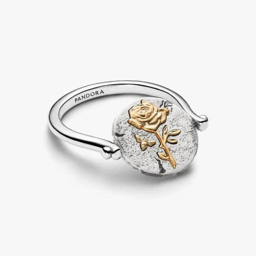 PANDORA Rose Reversible Medallion Ring crafted in sterling silver with 14k rose gold plating, featuring a rose design and engraved “ROSA INTER SPINAS CRESCIT” Latin inscription.