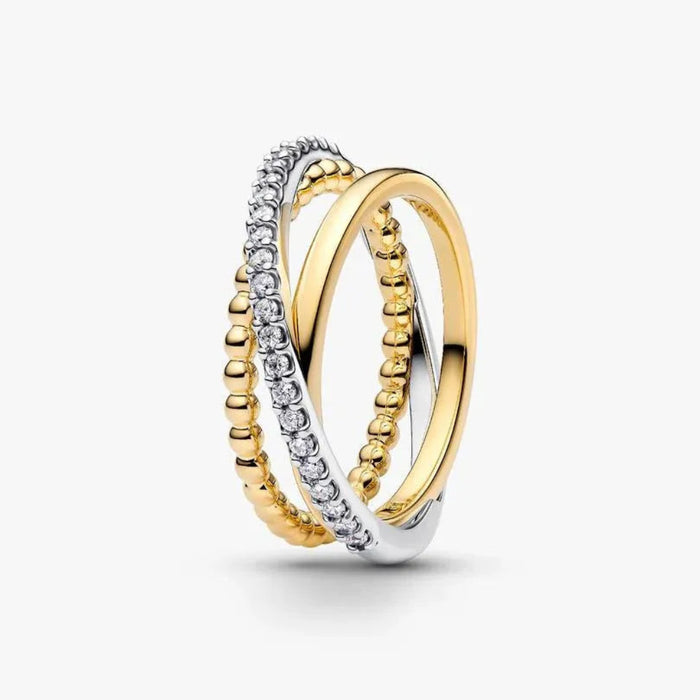 PANDORA Crossover Beads & Pavé Triple Band Ring in sterling silver and 14k gold plating