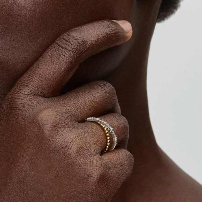 PANDORA Crossover Beads & Pavé Double Band Ring in sterling silver with 14k gold plating and sparkling pavé stones