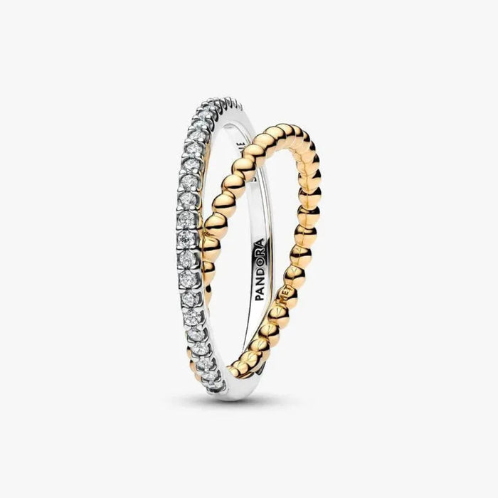 PANDORA Crossover Beads & Pavé Double Band Ring in sterling silver with 14k gold plating and sparkling pavé stones