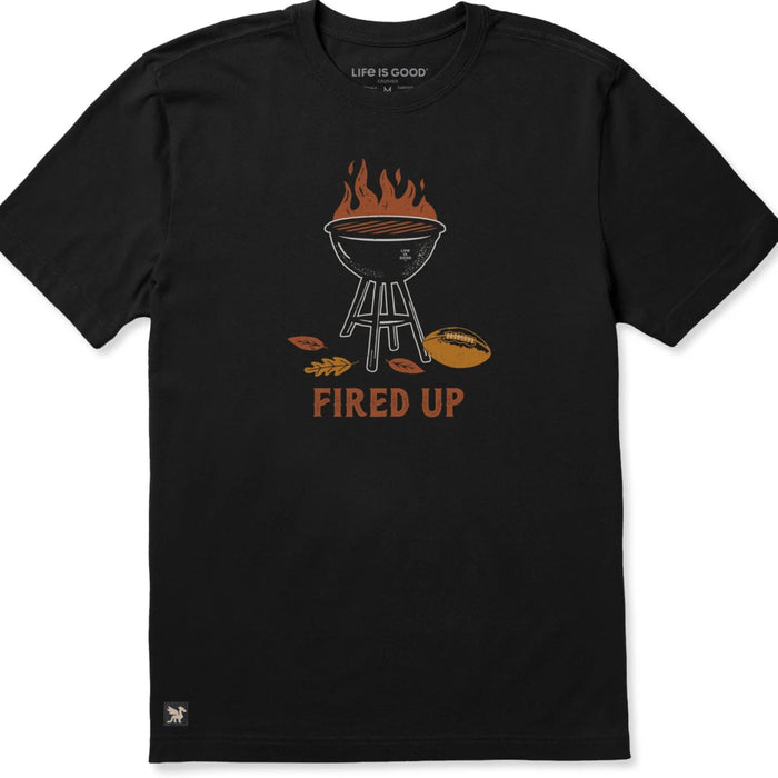 Life Is Good Men's Fired Up Grill + Football Short Sleeve Crusher T-Shirt with grilling and football graphic.