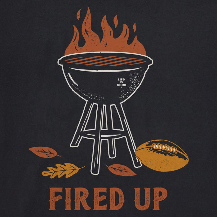 Life Is Good Men's Fired Up Grill + Football Short Sleeve Crusher T-Shirt with grilling and football graphic.