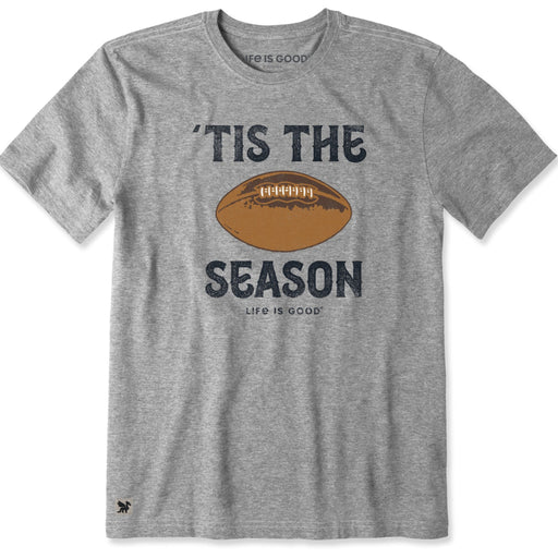 Life Is Good Men's Football 'Tis the Season Short Sleeve Crusher T-Shirt with festive football graphic.