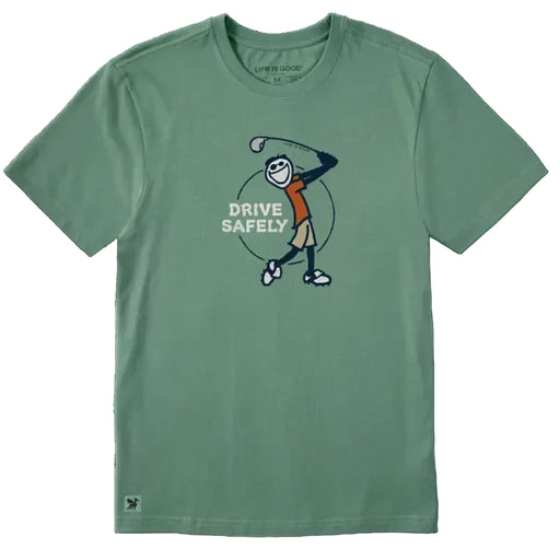 Life Is Good men’s Crusher Tee featuring Jake and a “Drive Safely” golf graphic.