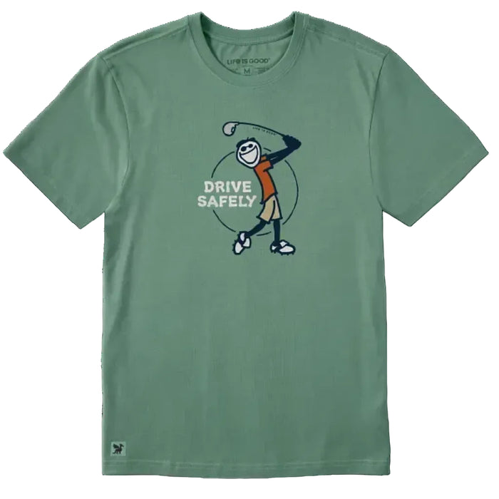 Life Is Good men’s Crusher Tee featuring Jake and a “Drive Safely” golf graphic.