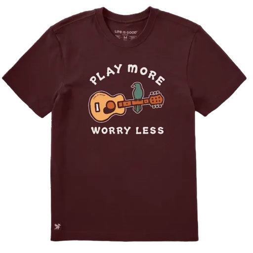 Life Is Good men’s Crusher Tee featuring the “Play More Worry Less” graphic message