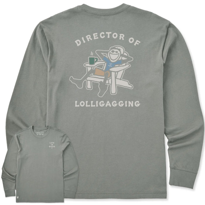 Life Is Good Men's Dir of Lolligaggin Jake Adirondack Long Sleeve Crusher T-Shirt featuring Jake relaxing in an Adirondack chair.