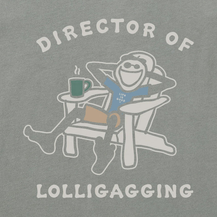 Life Is Good Men's Dir of Lolligaggin Jake Adirondack Long Sleeve Crusher T-Shirt featuring Jake relaxing in an Adirondack chair.