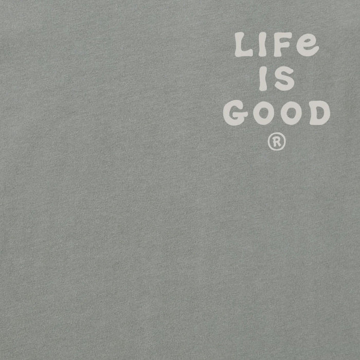 Life Is Good Men's Dir of Lolligaggin Jake Adirondack Long Sleeve Crusher T-Shirt featuring Jake relaxing in an Adirondack chair.