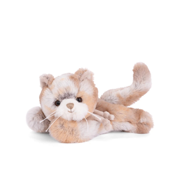 A plush stuffed cat lying down on a plain white background, showcasing its soft fur and relaxed posture.
