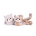 A stuffed cat in a lying position on a white background, displaying its charming design and cozy appearance.
