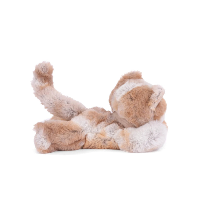A cuddly stuffed cat positioned on a white background, emphasizing its plush texture and serene demeanor.