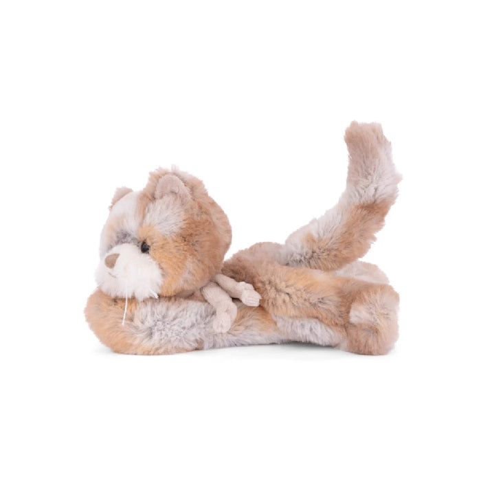 A soft, stuffed cat resting on a white background, highlighting its adorable features and gentle expression.